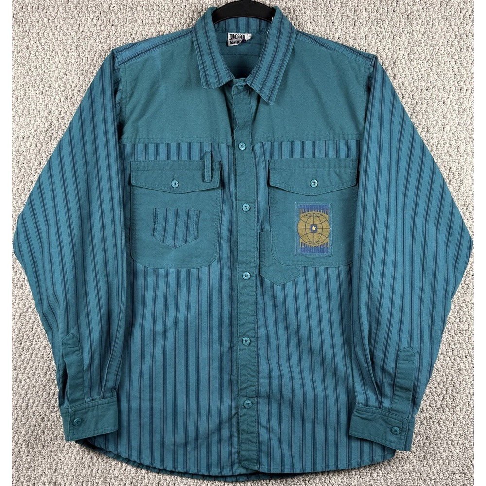 Vintage 90s Tomorrows Generation Teal Stripe Utility Shirt Mens L Grunge